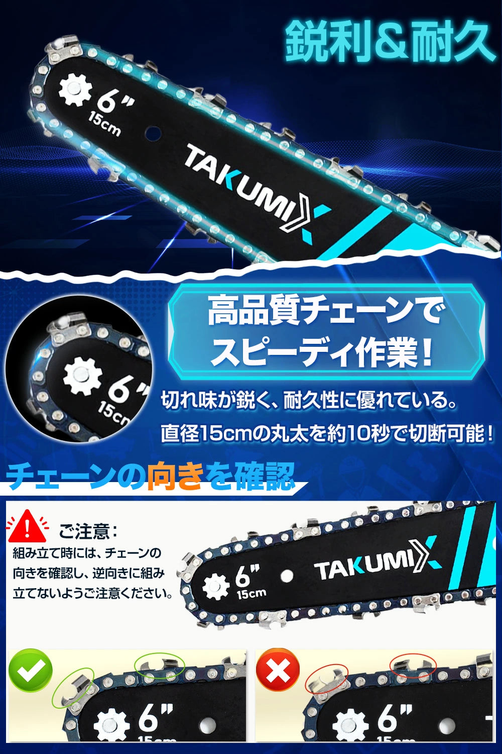 チェーンソー 充電式 電動ノコギリ ハンディチェーンソー 6インチ 8インチ